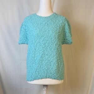 Vintage Textured Aqua Short Knit Sleeve Sweater